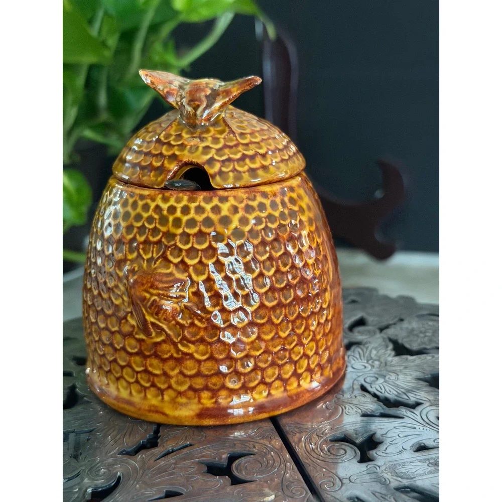 Cherokee Pottery Honey Pot Beehive Jar Bee Finial Brown Glazed Signed